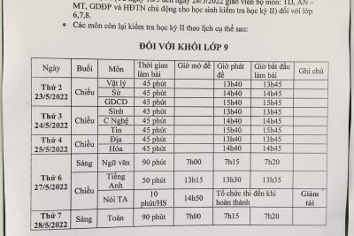 LỊCH KIỂM TRA CUỐI HỌC KỲ II NĂM HỌC 2021-2022!